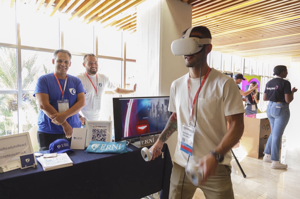 Trying VR at a sponsor stand, 2022